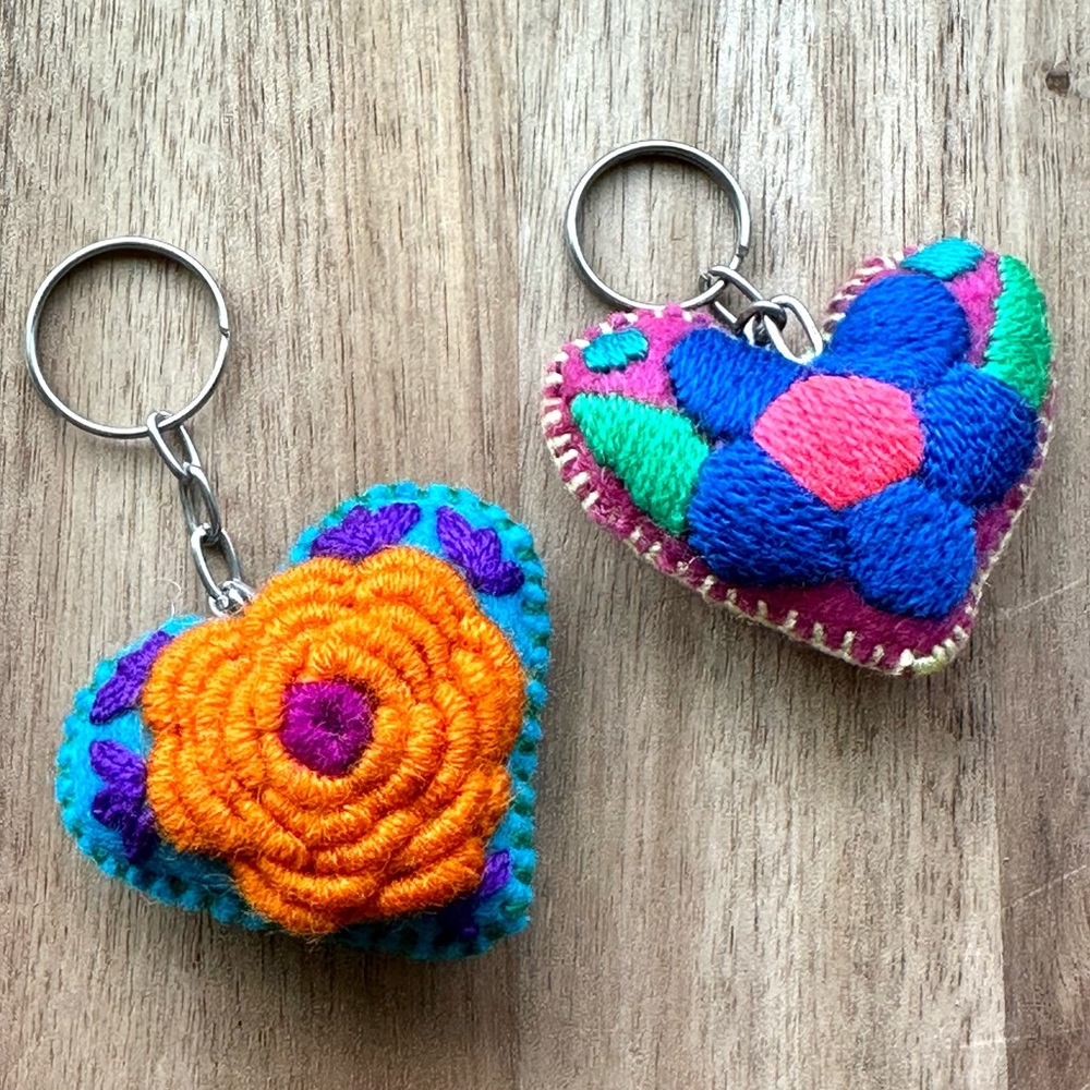 Two Hand Embroidered Hearts Mexican Ornament Heart Keychain Corazon Bordado
